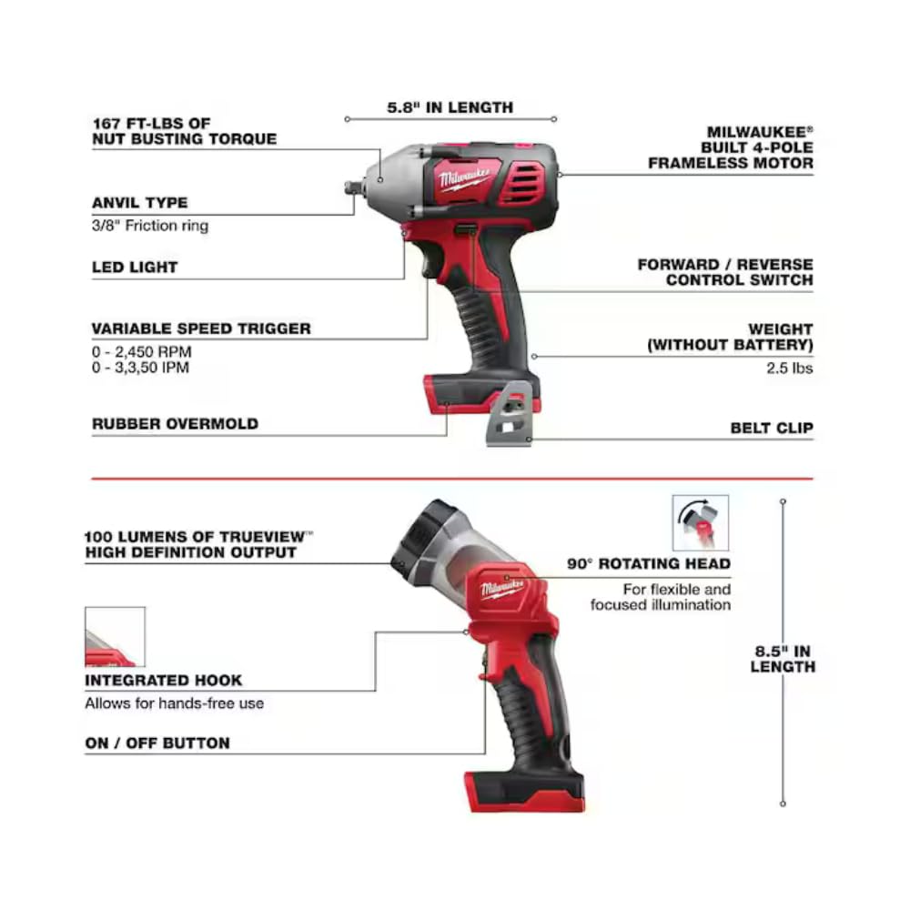 Milwaukee M18 18V Cordless Power Tool Combo Kit, 8-Tool Set, 3 Batteries, 2 Tool Bags, Charger Included