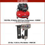 PORTER-CABLE Air Compressor, 6-Gallon, Pancake, Oil-Free (C2002-ECOM) & Pin Nailer, 1-3/8-in., 23-Gauge (PIN138)