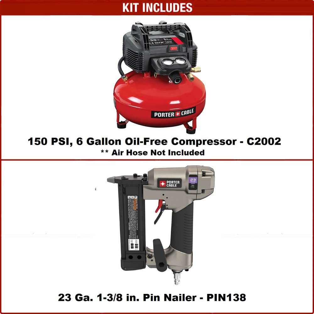 PORTER-CABLE Air Compressor, 6-Gallon, Pancake, Oil-Free (C2002-ECOM) & Pin Nailer, 1-3/8-in., 23-Gauge (PIN138)