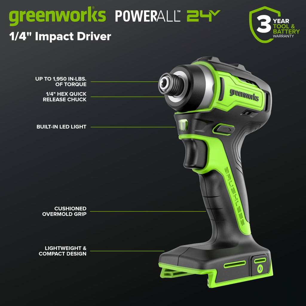 GREENWORKS 24V (6-Tool) Combo (Drill, Impact Driver, Circular Saw, Reciprocating Saw, Multi-Tool, Flashlight), 4.0Ah + 2.0Ah (24,000mAh Power Bank) Batteries, (2) Cables, 65W Rapid Charger