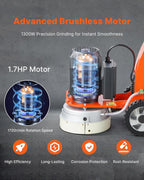 VEVOR 10-Inch Electric Concrete Floor Grinder, 1.7HP Walk-Behind Polisher, 1300W, 1720RPM Brushless Motor
