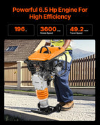 VEVOR Jumping Jack Compactor, 6.5 HP Vibratory Rammer Fuel-Powered 196 cc Engine Tamper, 3600 lbs Impact Force, 26" Max Compaction Depth, for Soil, Gravel, Footings, Concrete Slabs, and Foundations