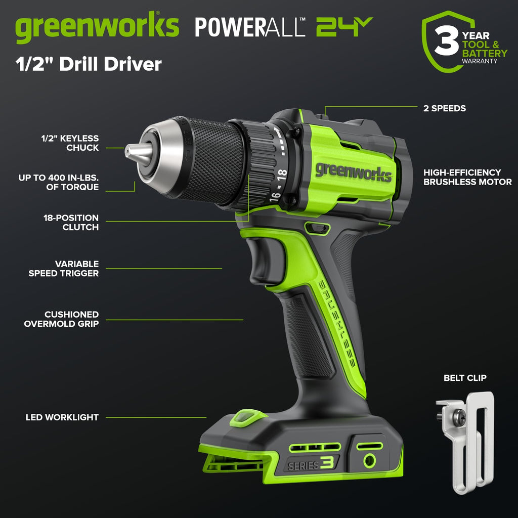 GREENWORKS 24V (6-Tool) Combo (Drill, Impact Driver, Circular Saw, Reciprocating Saw, Multi-Tool, Flashlight), 4.0Ah + 2.0Ah (24,000mAh Power Bank) Batteries, (2) Cables, 65W Rapid Charger