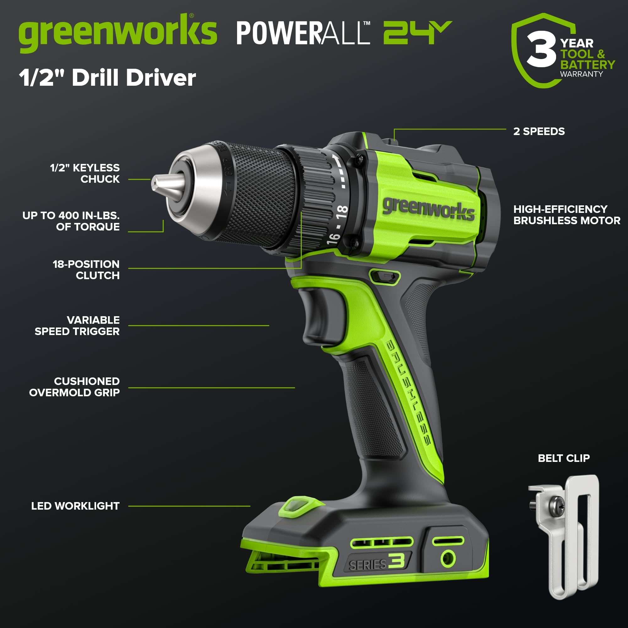 GREENWORKS 24V (6-Tool) Combo (Drill, Impact Driver, Circular Saw, Reciprocating Saw, Multi-Tool, Flashlight), 4.0Ah + 2.0Ah (24,000mAh Power Bank) Batteries, (2) Cables, 65W Rapid Charger