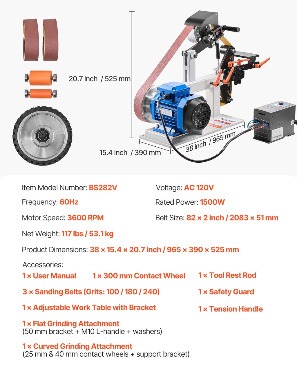 VEVOR 1500W 2HP Belt Sander Grinder, 2" x 82" Variable Speed Belt Grinder for Metalworking, 3-in-1 Belt Sander Polisher with 3 Grinding Moulds & Flat Platen Tool Rest for Knife Making