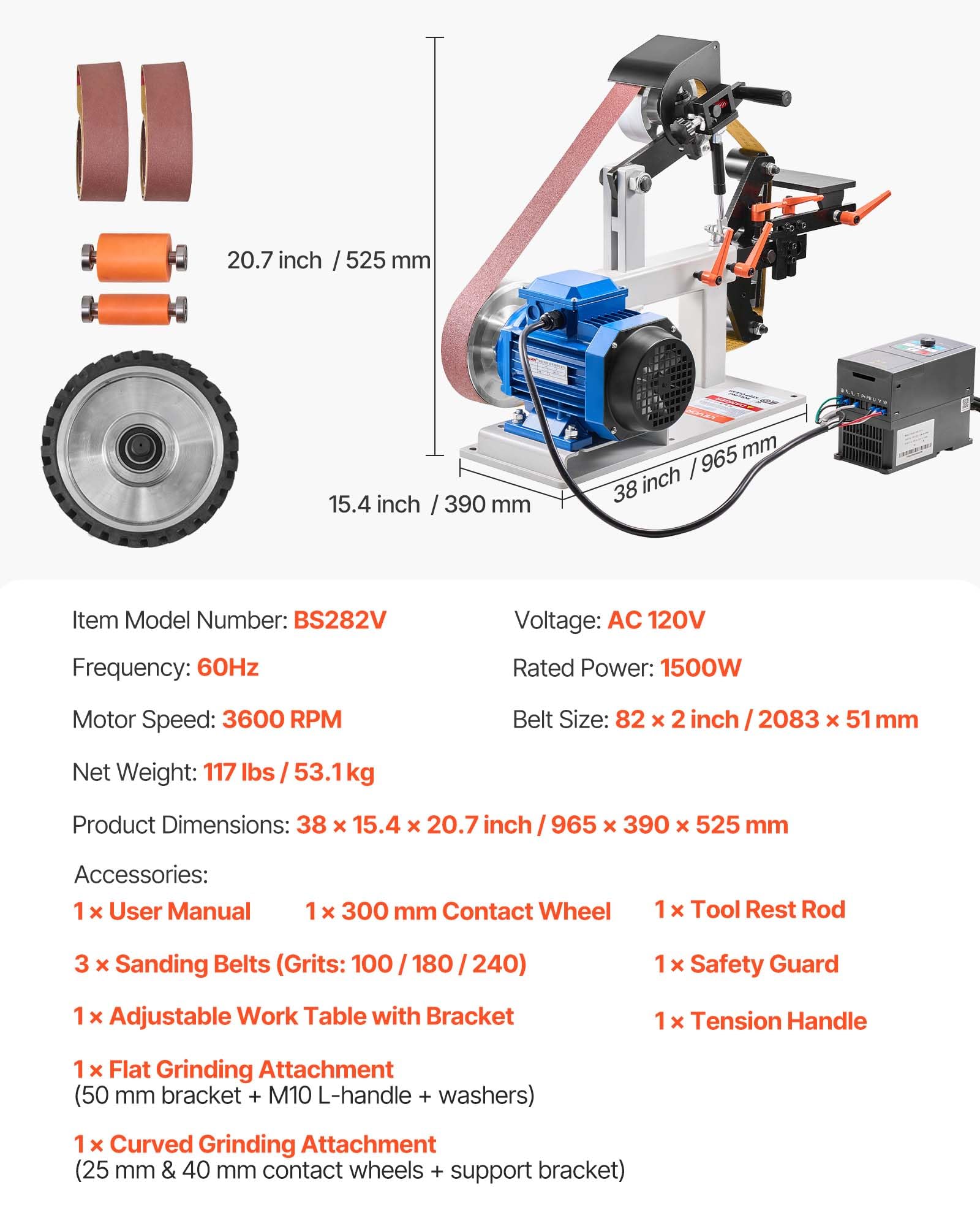 VEVOR 1500W 2HP Belt Sander Grinder, 2" x 82" Variable Speed Belt Grinder for Metalworking, 3-in-1 Belt Sander Polisher with 3 Grinding Moulds & Flat Platen Tool Rest for Knife Making