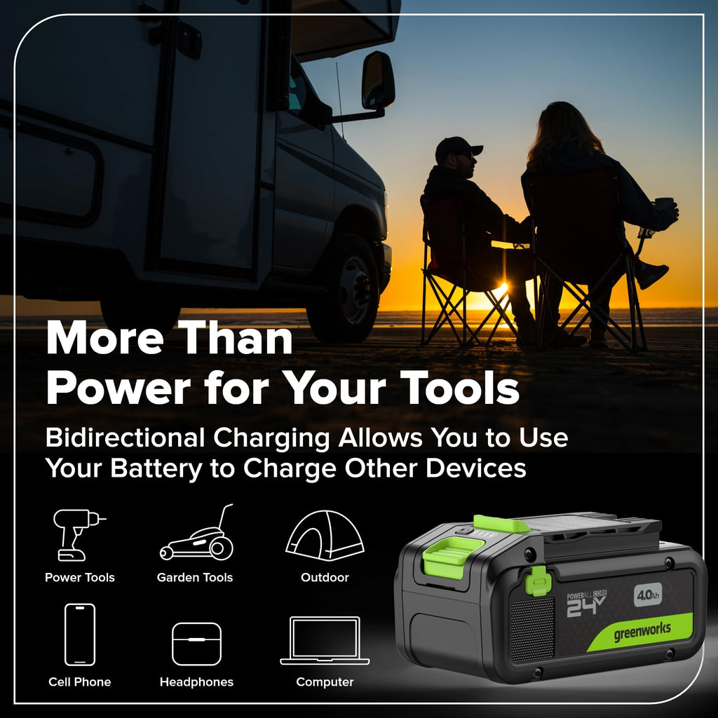 Greenworks 24V Brushless 10PC TOOL, Drill+Impact Driver+Circular Saw+Recip Saw+Jig Saw+Sander+Light+Multi-Tool+Nailer+Grinder (2) 4.0Ah+2.0Ah Batteries (24,000mAh PB) USB-C Charger, High Efficiency