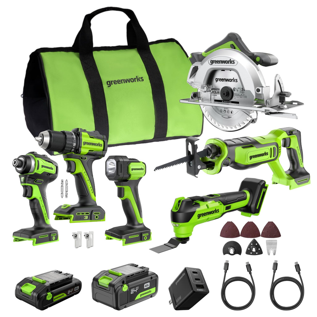 GREENWORKS 24V (6-Tool) Combo (Drill, Impact Driver, Circular Saw, Reciprocating Saw, Multi-Tool, Flashlight), 4.0Ah + 2.0Ah (24,000mAh Power Bank) Batteries, (2) Cables, 65W Rapid Charger