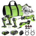 GREENWORKS 24V (6-Tool) Combo (Drill, Impact Driver, Circular Saw, Reciprocating Saw, Multi-Tool, Flashlight), 4.0Ah + 2.0Ah (24,000mAh Power Bank) Batteries, (2) Cables, 65W Rapid Charger