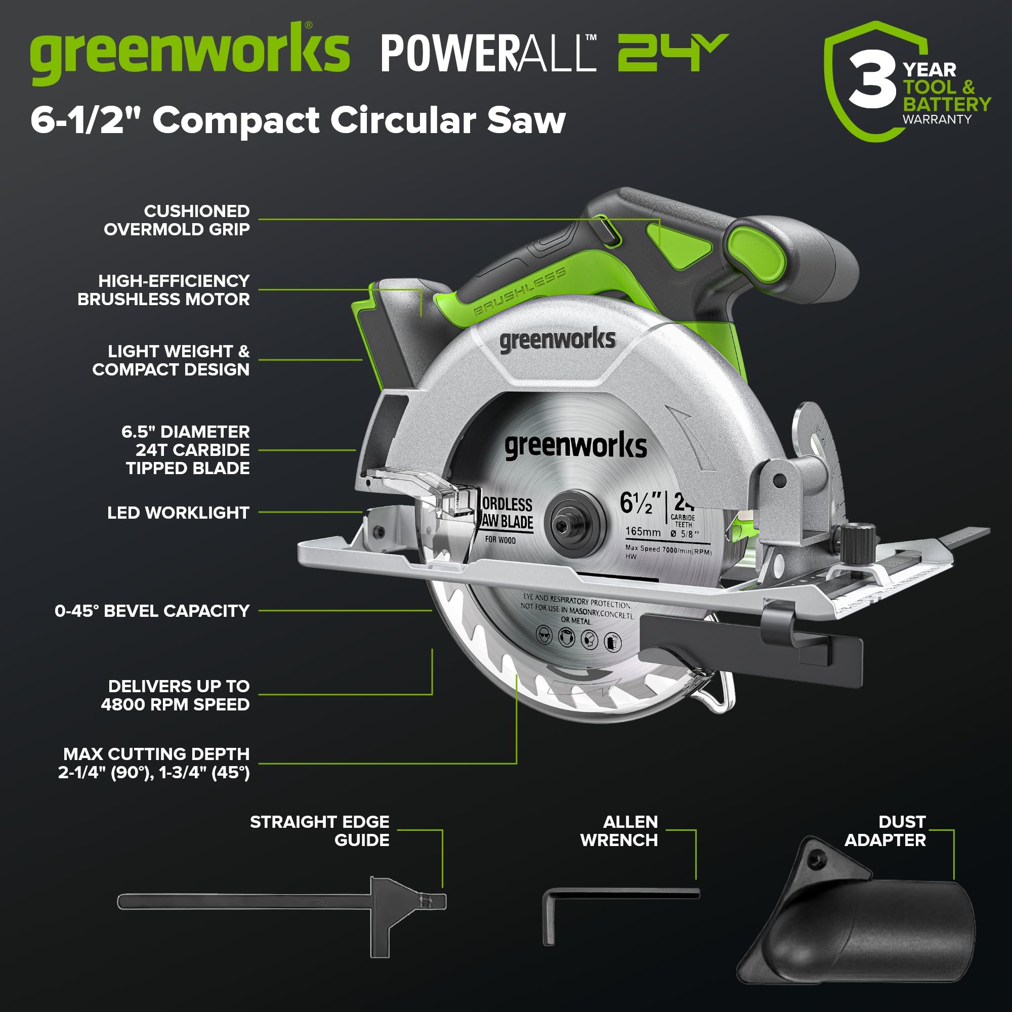 GREENWORKS 24V (6-Tool) Combo (Drill, Impact Driver, Circular Saw, Reciprocating Saw, Multi-Tool, Flashlight), 4.0Ah + 2.0Ah (24,000mAh Power Bank) Batteries, (2) Cables, 65W Rapid Charger