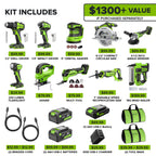 Greenworks 24V Brushless 10PC TOOL, Drill+Impact Driver+Circular Saw+Recip Saw+Jig Saw+Sander+Light+Multi-Tool+Nailer+Grinder (2) 4.0Ah+2.0Ah Batteries (24,000mAh PB) USB-C Charger, High Efficiency