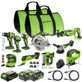 Greenworks 24V Brushless 10PC TOOL, Drill+Impact Driver+Circular Saw+Recip Saw+Jig Saw+Sander+Light+Multi-Tool+Nailer+Grinder (2) 4.0Ah+2.0Ah Batteries (24,000mAh PB) USB-C Charger, High Efficiency