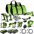 Greenworks 24V Brushless 10PC TOOL, Drill+Impact Driver+Circular Saw+Recip Saw+Jig Saw+Sander+Light+Multi-Tool+Nailer+Grinder (2) 4.0Ah+2.0Ah Batteries (24,000mAh PB) USB-C Charger, High Efficiency