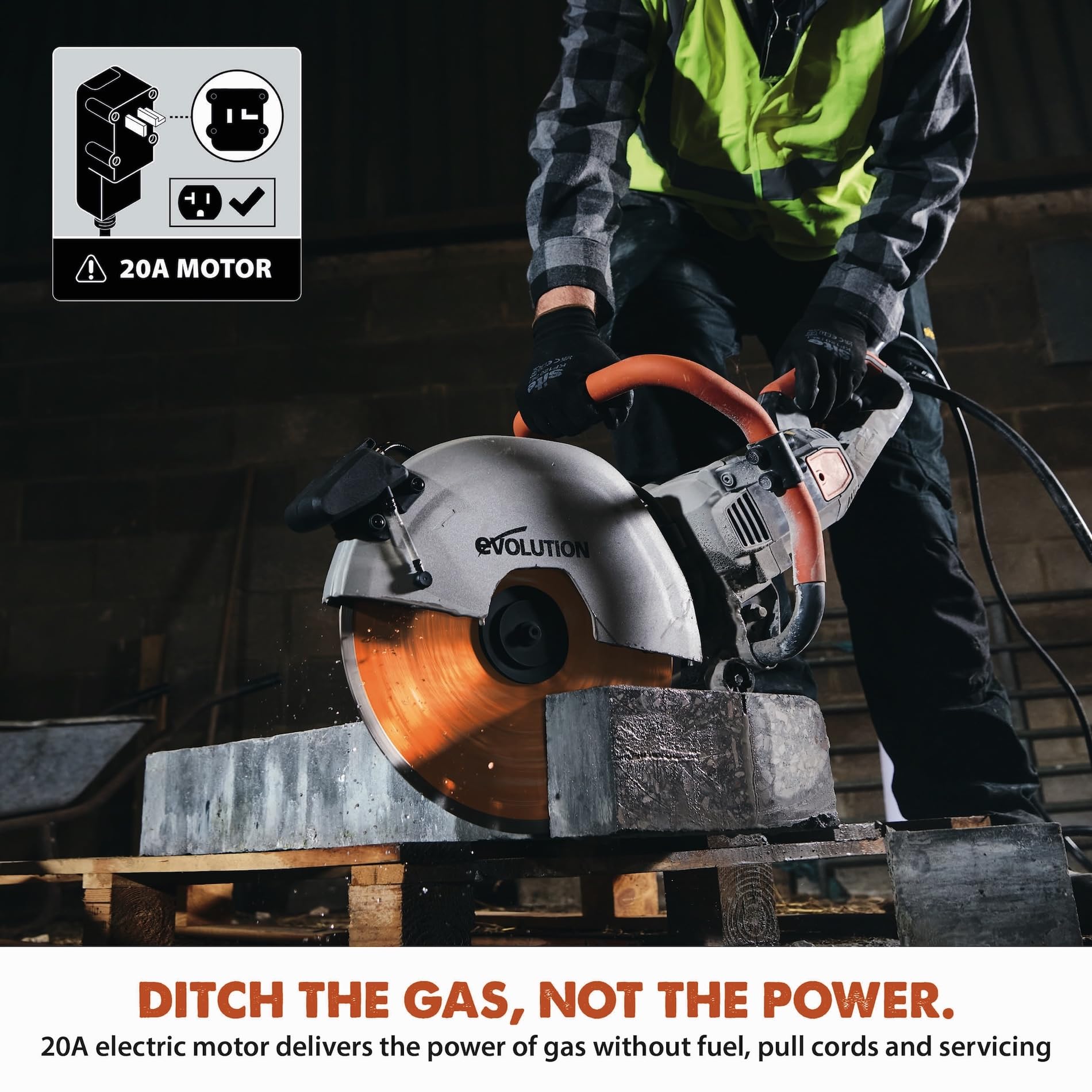 Evolution R14DCT 14” Electric Concrete Saw | High-Torque 20A Motor | 5-1/8” Cut Depth | Auto ON/OFF Dust Suppression | No Gas, Low Maintenance | 14” Diamond Blade | Heavy-Duty | 20A Plug