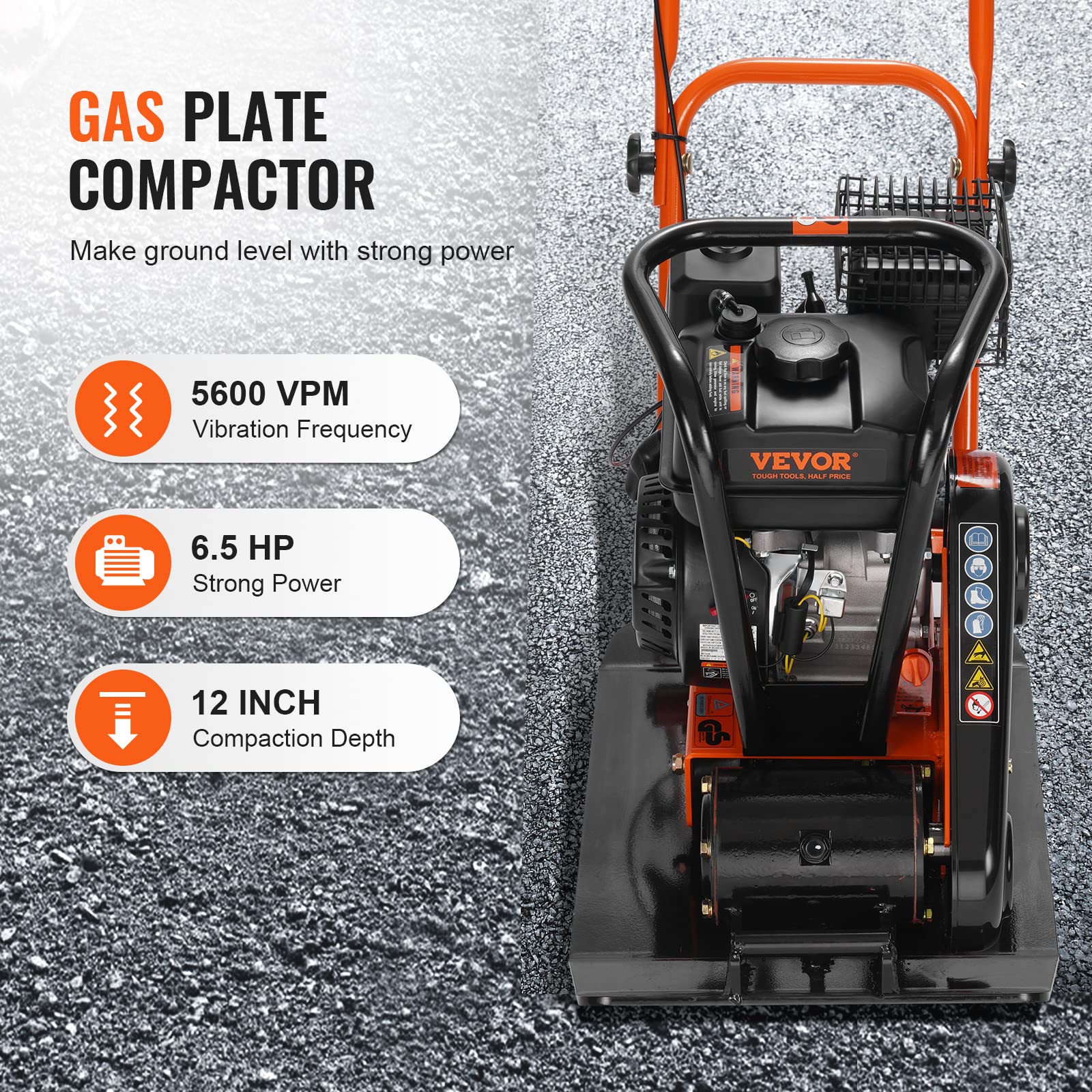 VEVOR 6.5HP Plate Compactor, 196CC Gas Engine, 2360 lbs Vibratory Compaction Tamper, 22.1x15.9 in Plate Power Jumping Jack Tamper, 5600 VPM Pavement Compactor for Walkways, Asphalts, Paver Landscaping
