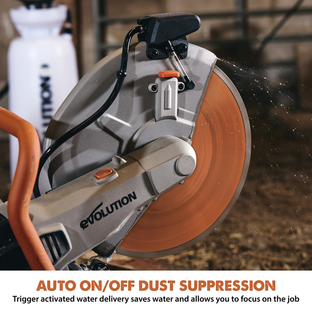 Evolution R14DCT 14” Electric Concrete Saw | High-Torque 20A Motor | 5-1/8” Cut Depth | Auto ON/OFF Dust Suppression | No Gas, Low Maintenance | 14” Diamond Blade | Heavy-Duty | 20A Plug