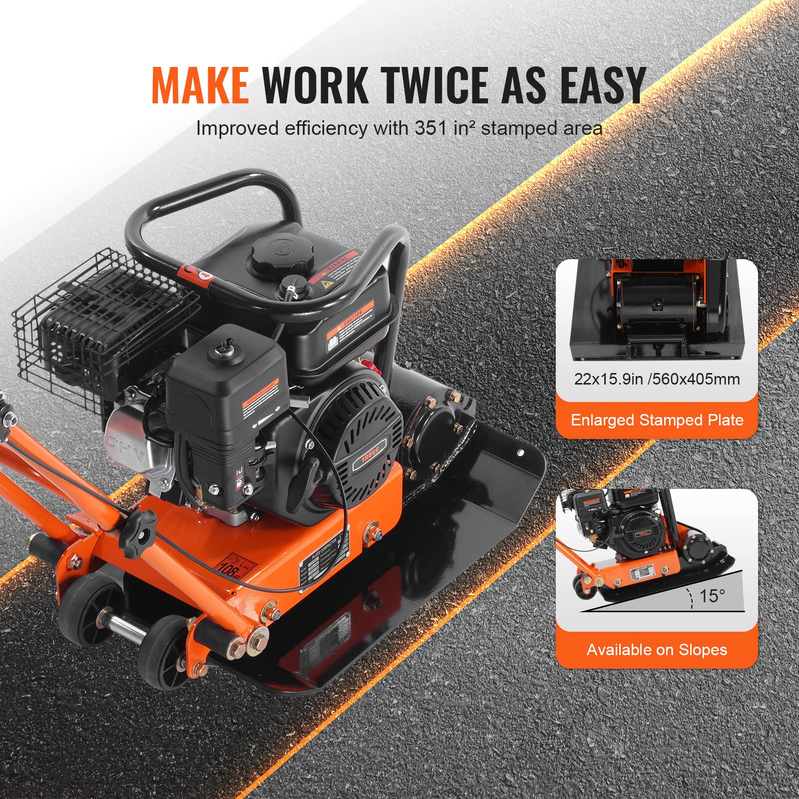 VEVOR 6.5HP Plate Compactor, 196CC Gas Engine, 2360 lbs Vibratory Compaction Tamper, 22.1x15.9 in Plate Power Jumping Jack Tamper, 5600 VPM Pavement Compactor for Walkways, Asphalts, Paver Landscaping